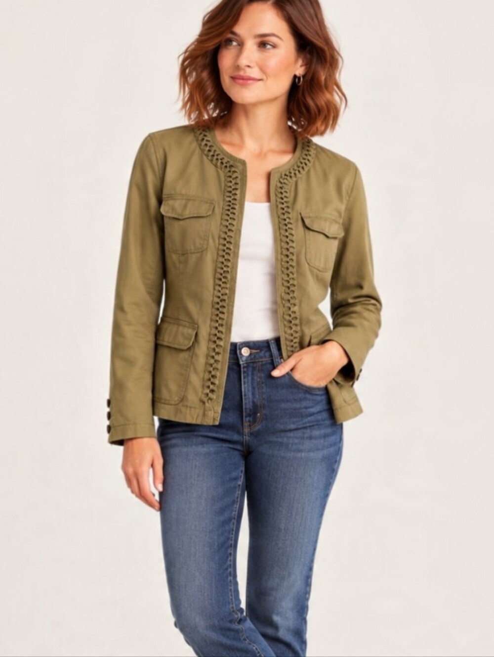J.Crew Braided Trim Twill Utility Blazer Jacket Size 8 Weathered & Broken-in